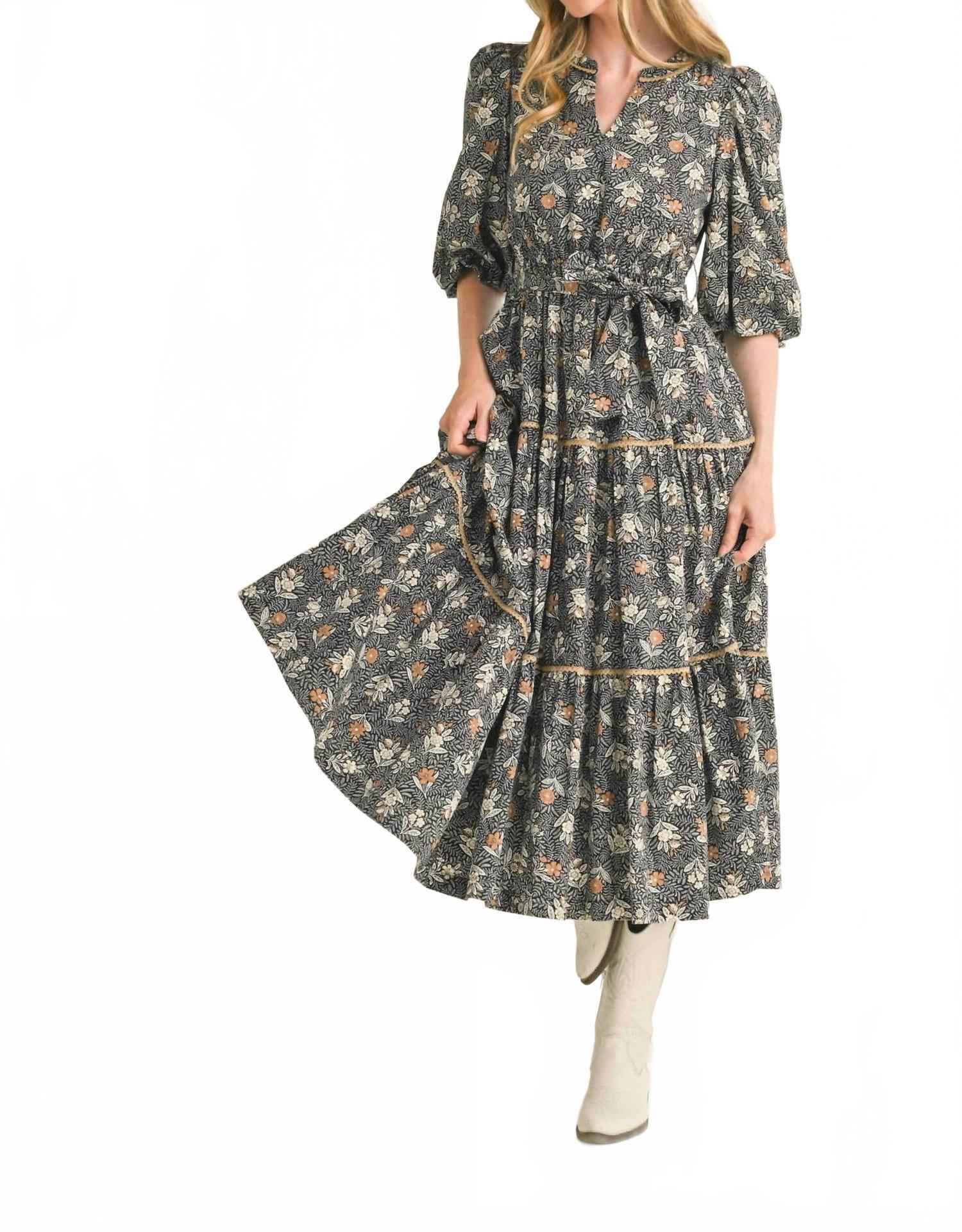 New &Merci Bubble Sleeve Lace Trim Midi Dress In Black Floral